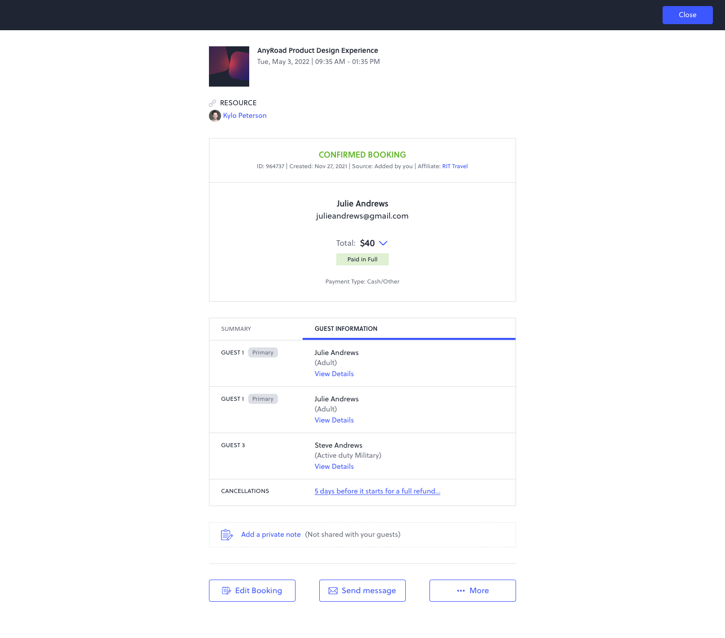 AnyRoad — booking detail with guest information