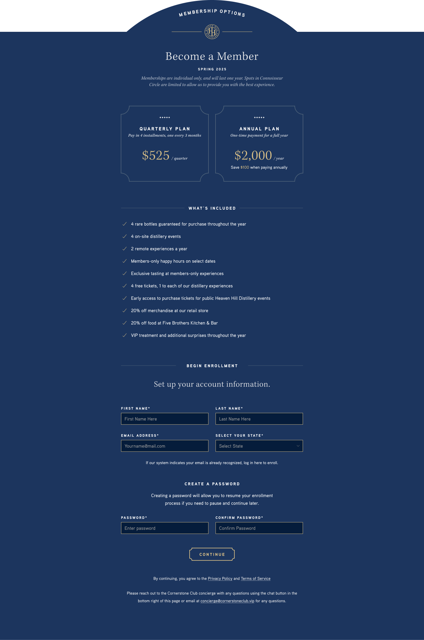 Account information page where the member sets their account credentials inline with the enrollment flow