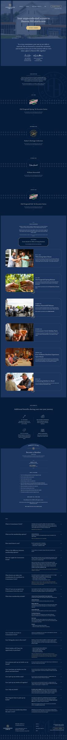 Heaven Hill Connoisseur Circle enrollment landing page with full reveal of program benefits, tiers, and the code-entry gate