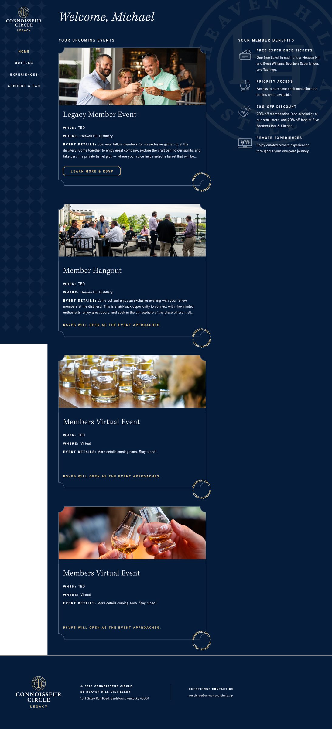 Heaven Hill Connoisseur Circle Member Home with member ID, benefits, and upcoming events populated