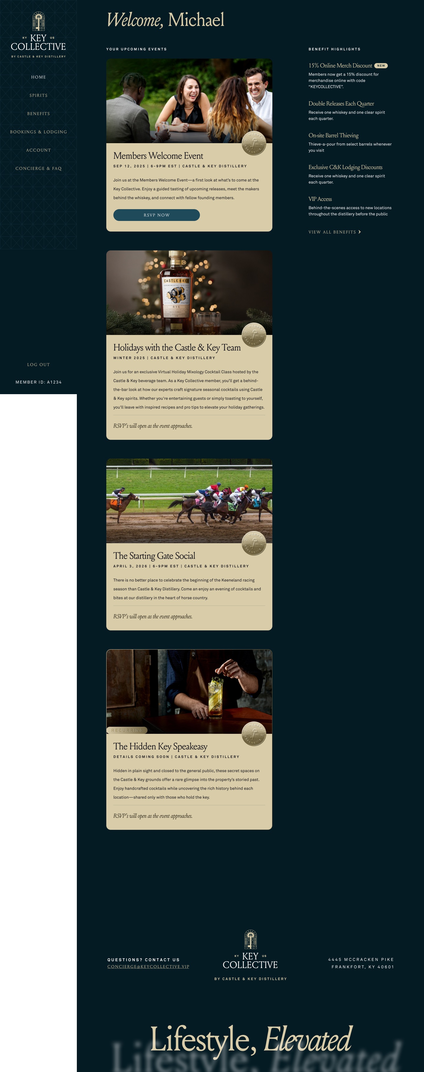 Key Collective member home page showing upcoming events and lifestyle content
