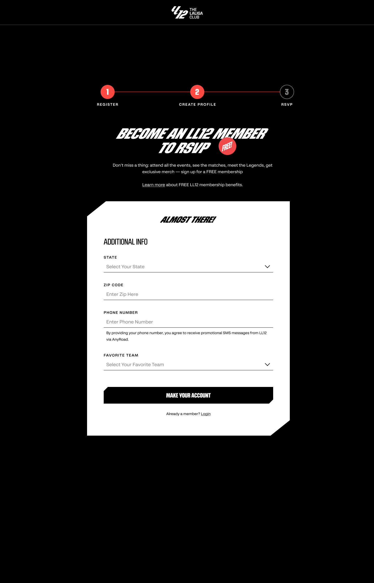 LL12 registration step 2: location and favorite team